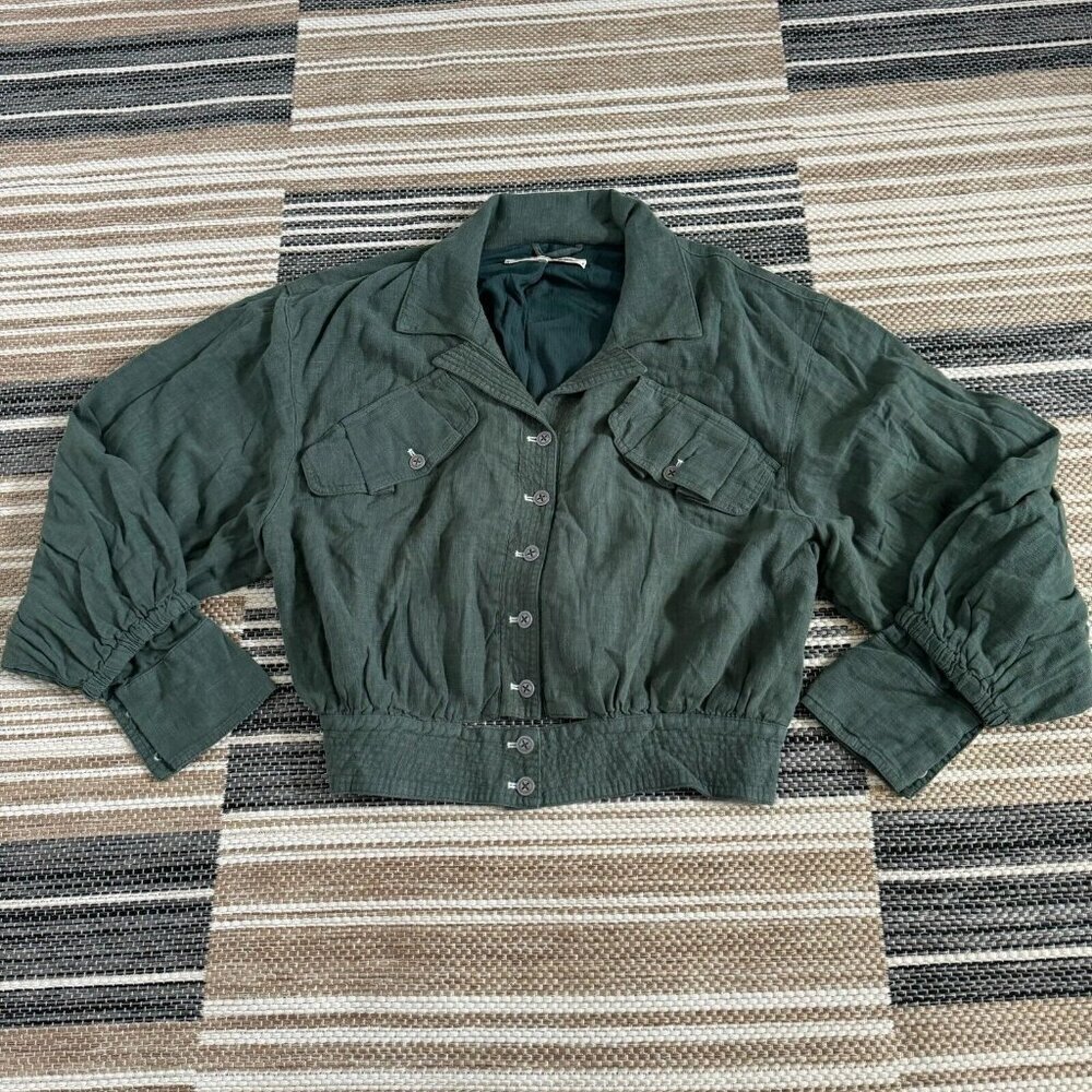 Free People Women's Billy Saddle Jacket Relaxed Cropped Linen Blend Green Small - Picture 5 of 15